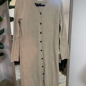 Women's Beige Button-Up Ribbed Dress